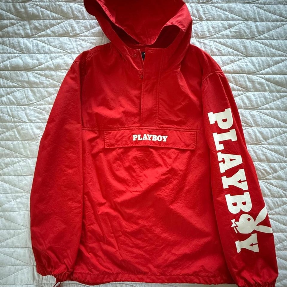 Playboy PacSun Mens Red Anorak Windbreaker Jacket Large Bunny Logo Pullover